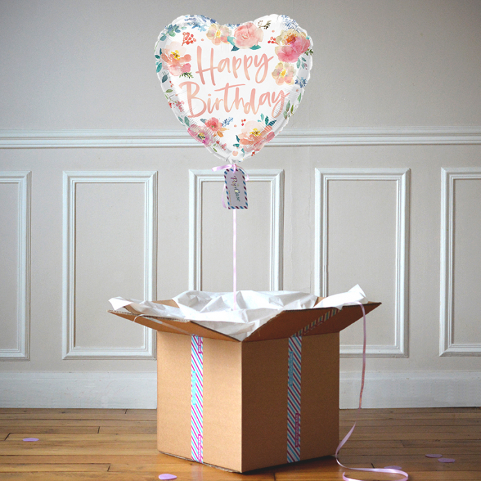 Ballon Cadeau - Happy Birthday Coeur Fleuri