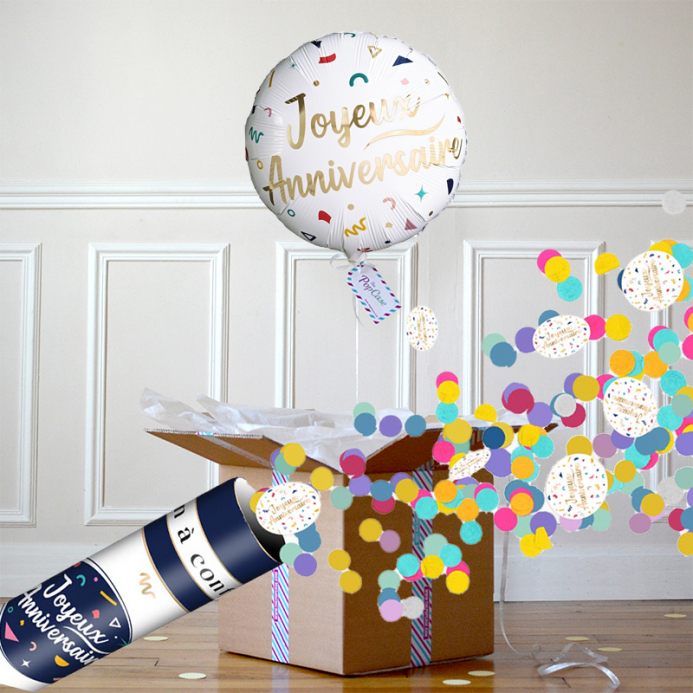 Colis surprise canon à confettis et ballon anniversaire - The PopCase